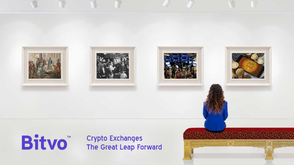 A woman sitting on a bench facing four images depicting the evolution of value to Bitcoins from left to right. 