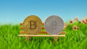 A physical Bitcoin and Ether coin on a park bench next to each surrounded by a field of grass