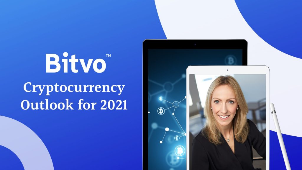 Bitvo's cryptocurrency Outlook 2021, and an image of Pam Draper, president and CEO of Bitvo on a tablet screen