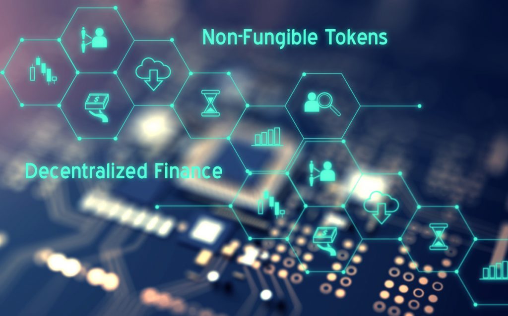 A series of hexagons in light green with symbols of non-fungible tokens representing decentralized finance