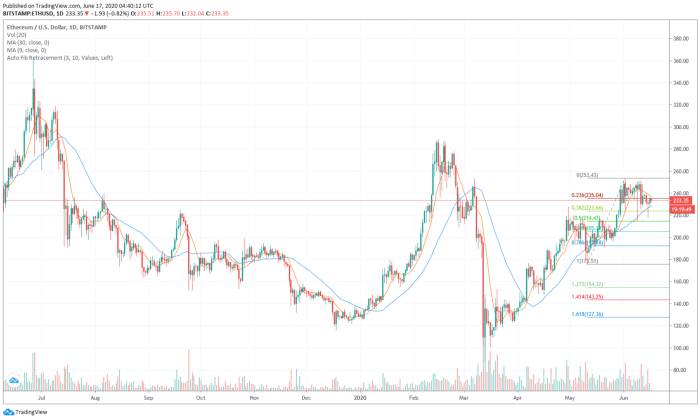 Ether 1 year chart with 30 day moving average and Fibonacci retracement